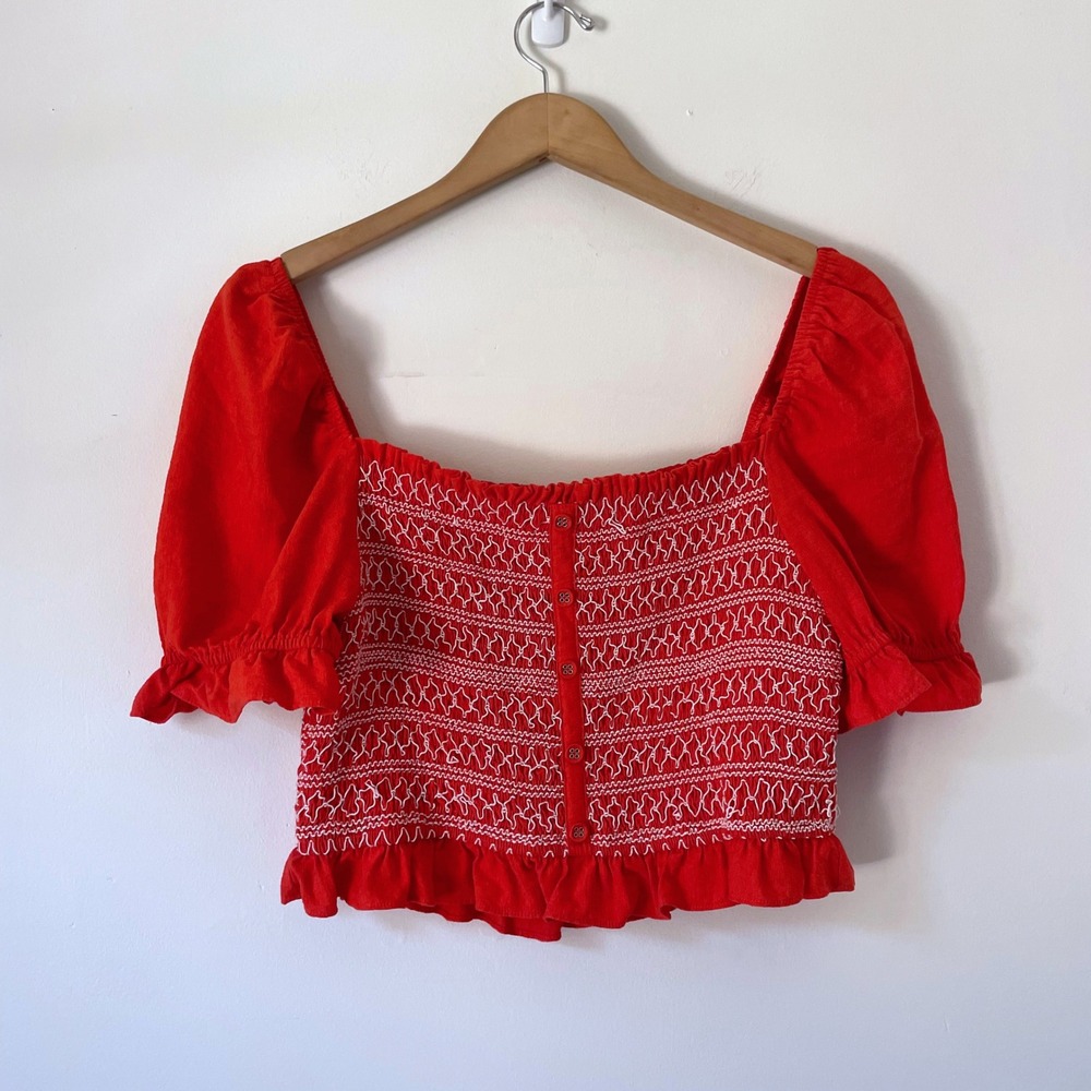 Lost + Wander Red Smocked Puff Sleeve Crop Top Blouse Sz Large Cottage Milkmaid